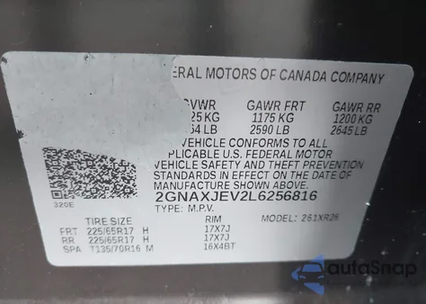 2020 Chevrolet Equinox Fwd 2Fl из США, поврежденный, VIN 2GNAXJEV2L6256816